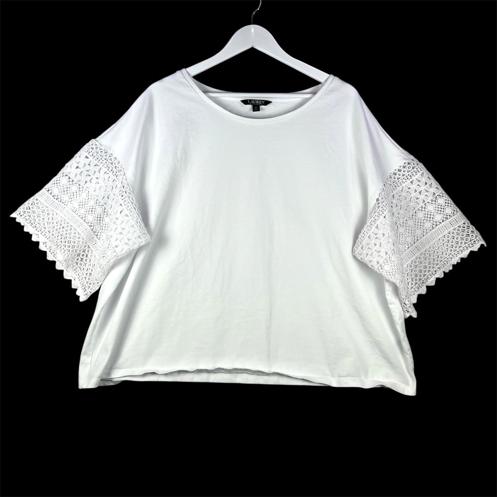 Lauren Ralph Lauren White Eyelet Sleeve Top Womens 3X 100% Cotton Boxy Preppy - Picture 1 of 11